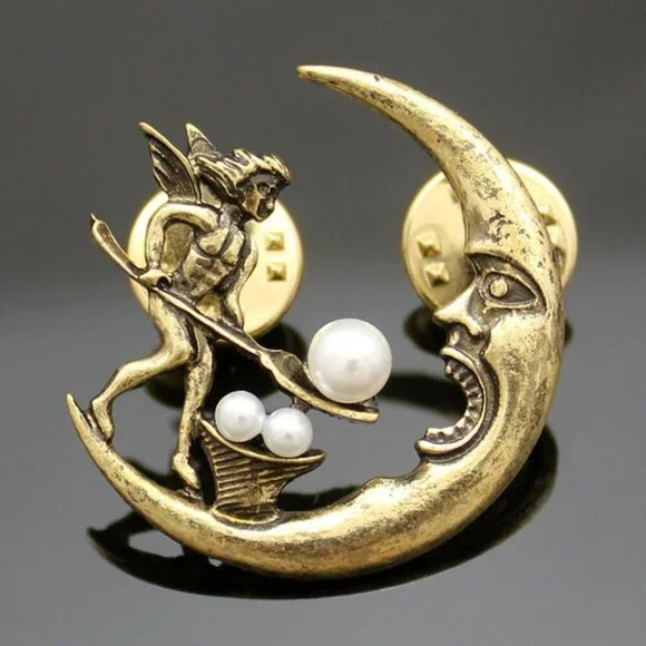 Vintage Golden Antique Tribal Angel Fairy Feeding Moon Cresent Simulated - Pearl - Picture 2 of 6